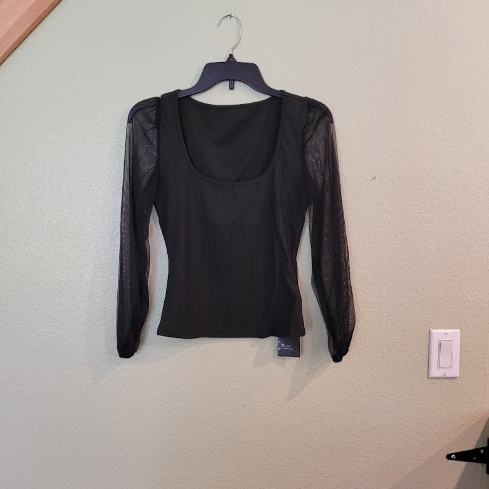 Contrast Mesh Lantern Sleeve top